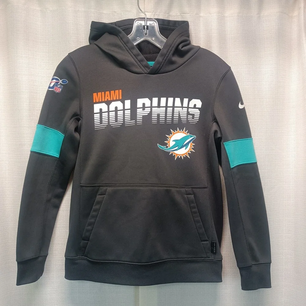 Nike Kids Miami Dolphins NFL 100 Onfield Dri-FIT Hoodie Grey‎ Teal Youth M 10/12
